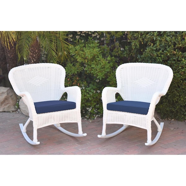 Jeco W00213-R-2-FS011 Windsor White Resin Wicker Rocker Chair with Blue Cushion, 2PK W00213-R_2-FS011 - main